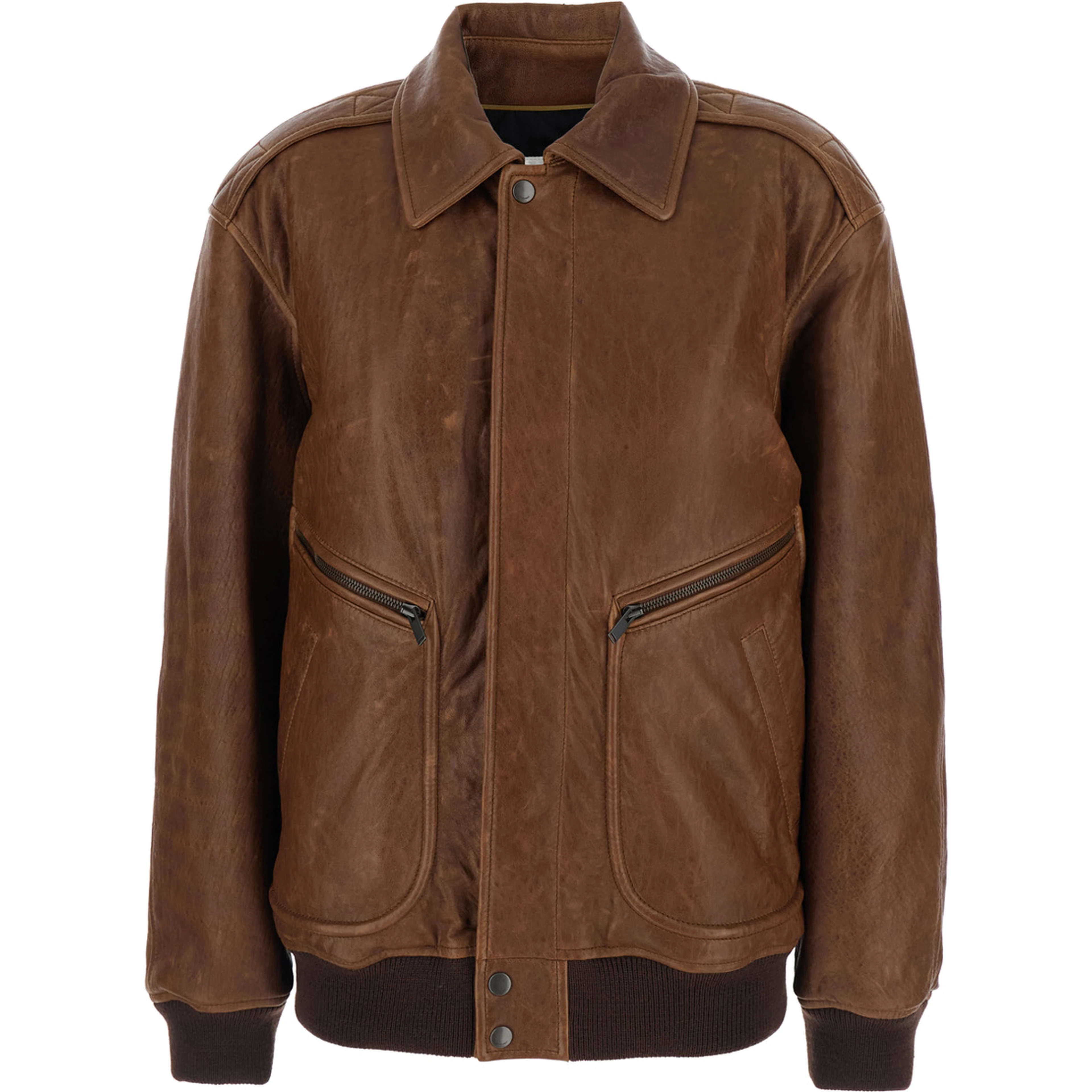 Brown Leather Bomber Jacket  with Classic Collar for Women