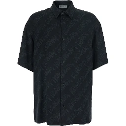 Black Shirt Creeper with classic collar and all-over logo motif in viscose for men