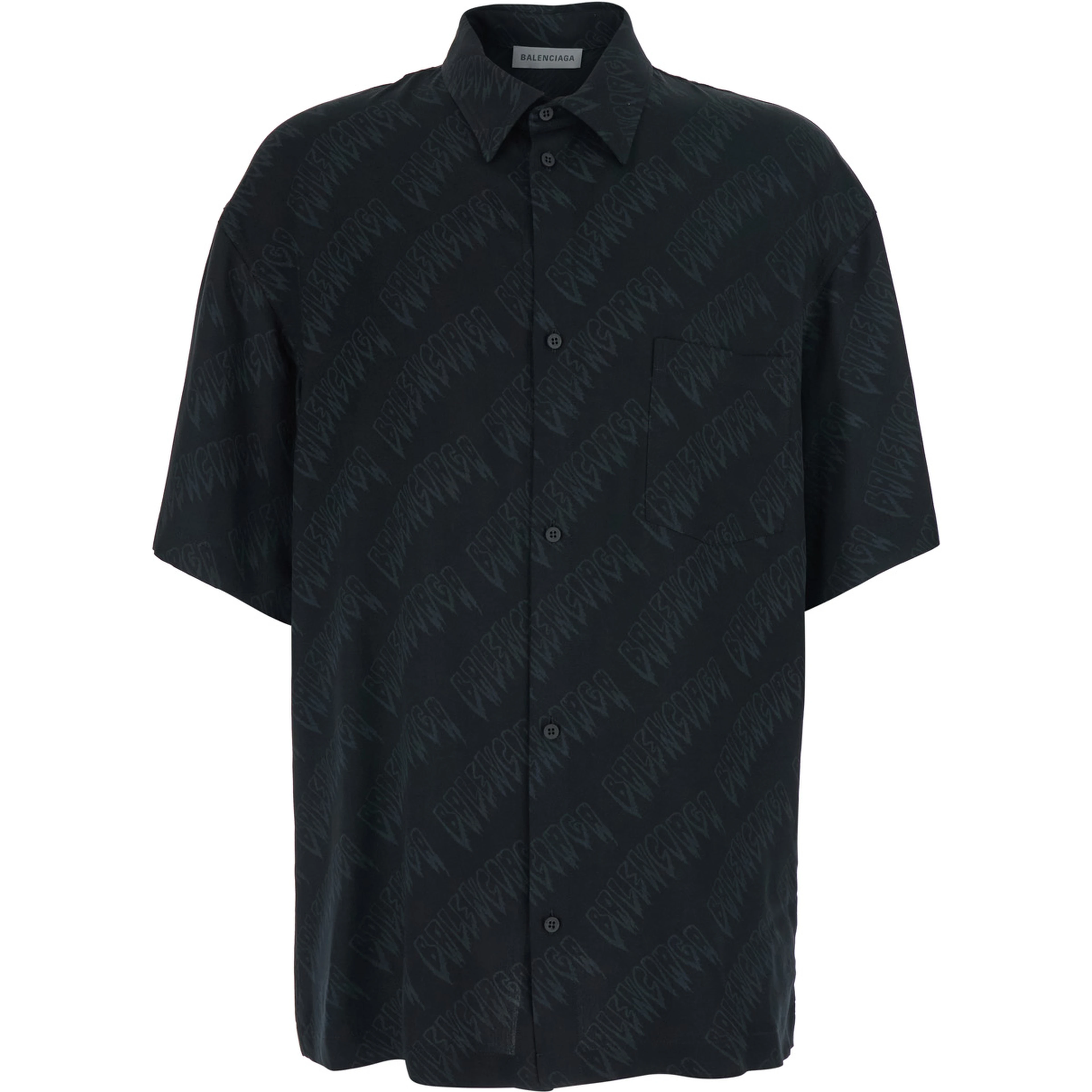 Black Shirt Creeper with classic collar and all-over logo motif in viscose for men