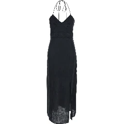 Black Long Dress with V-Neck and Embroidery Details in Linen for Women