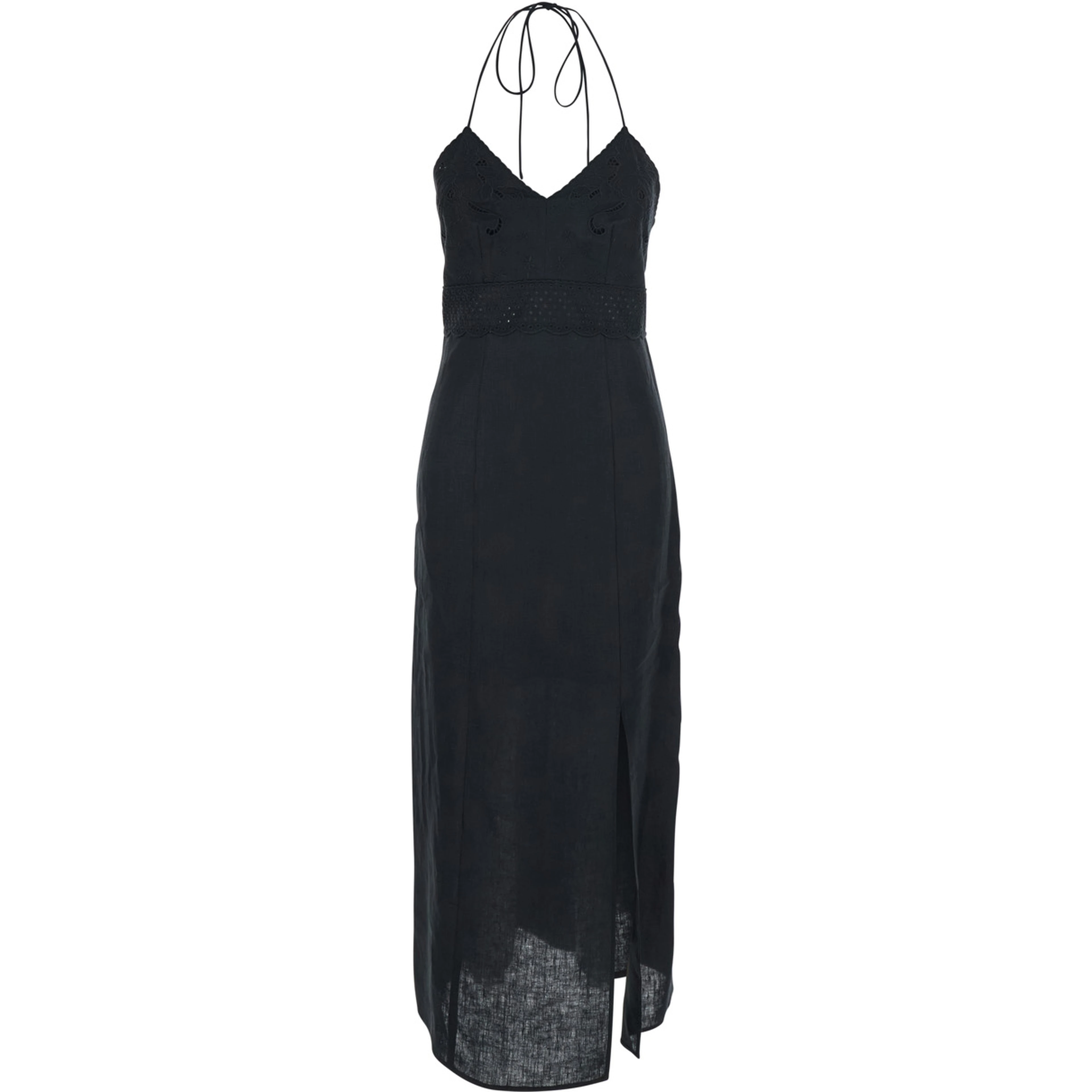 Black Long Dress with V-Neck and Embroidery Details in Linen for Women