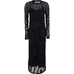 Long Black Dress with Long Sleeves and Perforated Details
