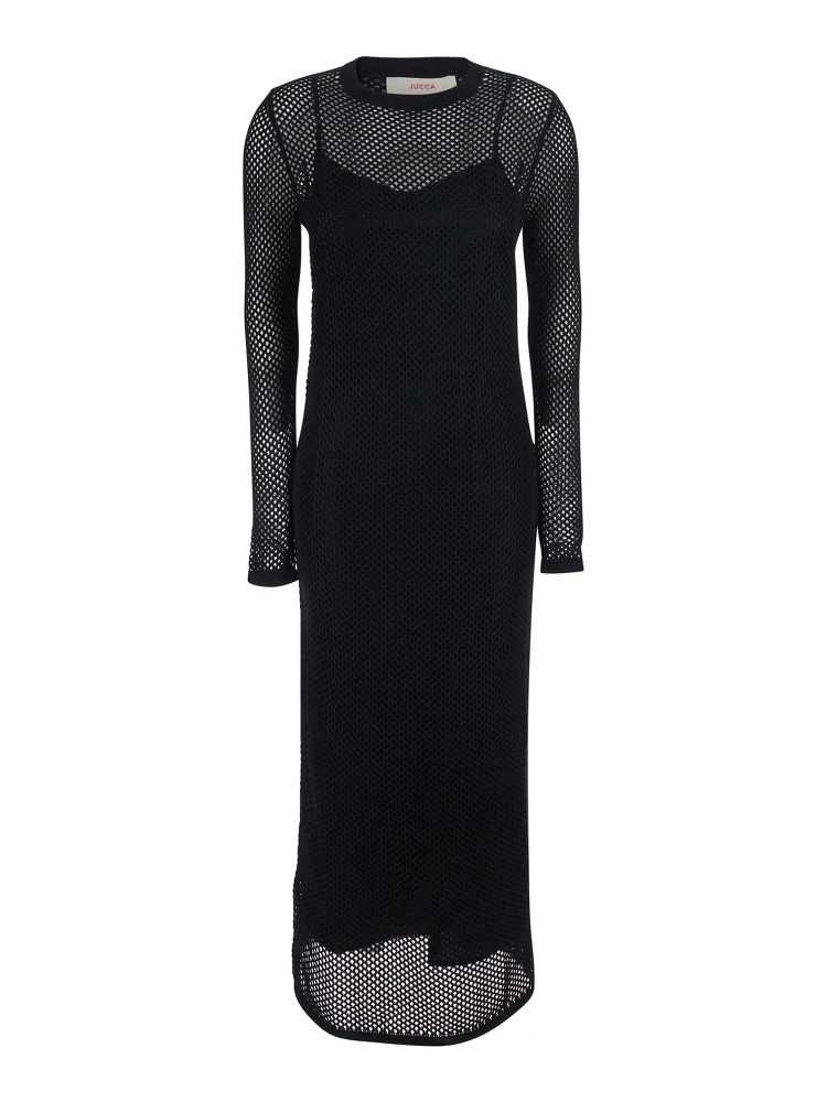 Long Black Dress with Long Sleeves and Perforated Details