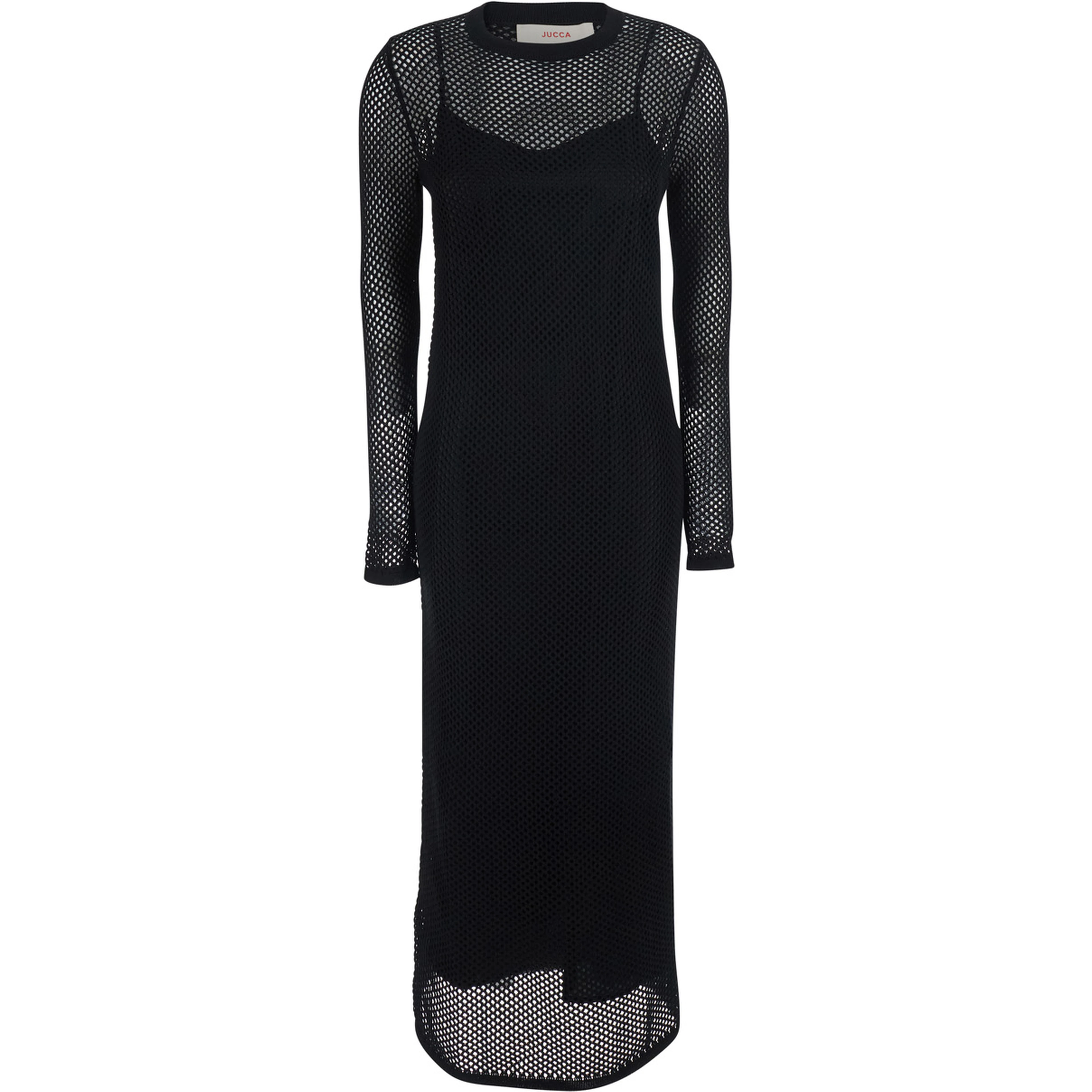Long Black Dress with Long Sleeves and Perforated Details