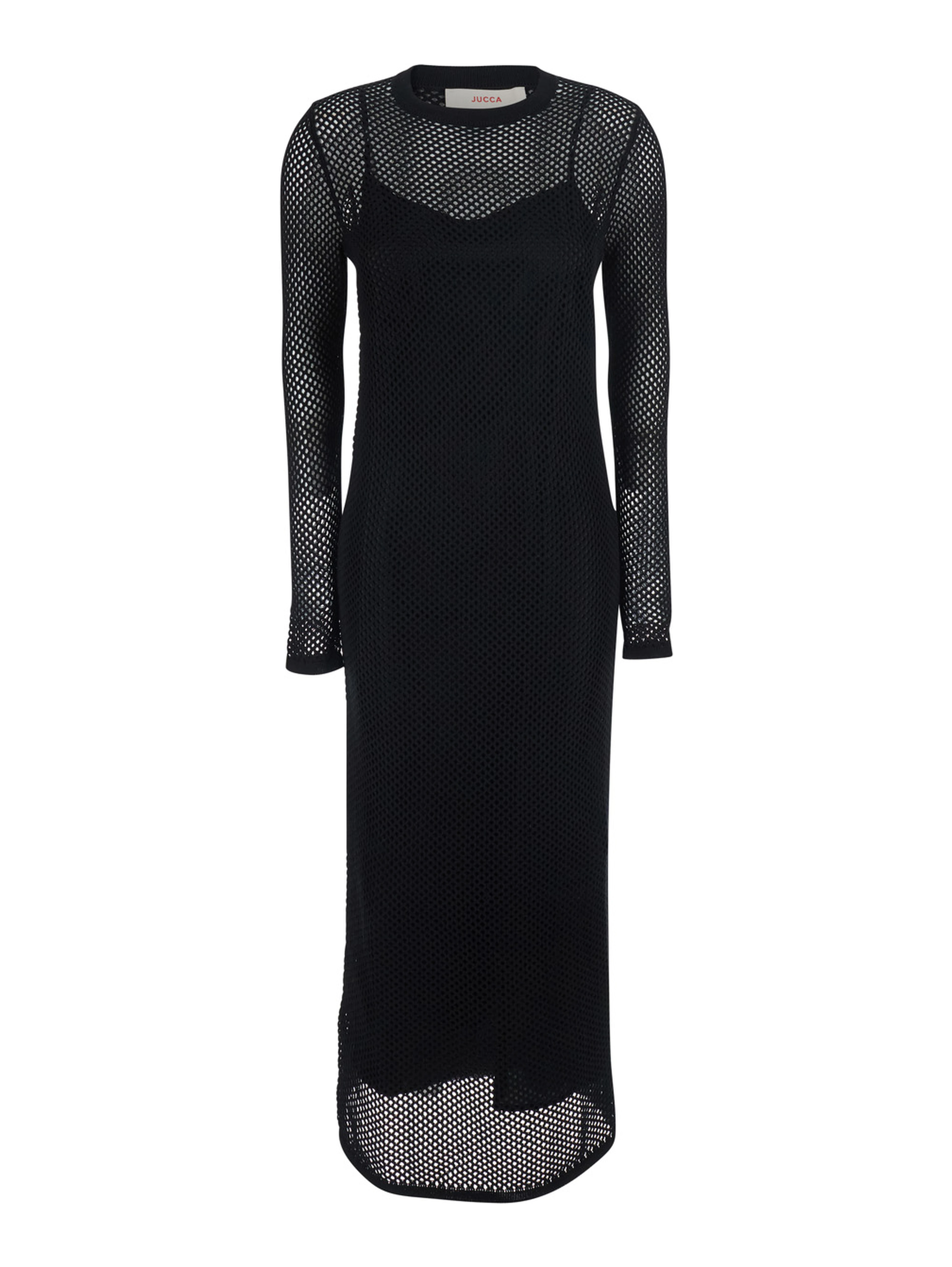 Long Black Dress with Long Sleeves and Perforated Details