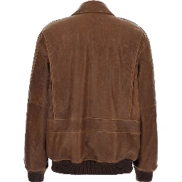 Brown Leather Bomber Jacket  with Classic Collar for Women