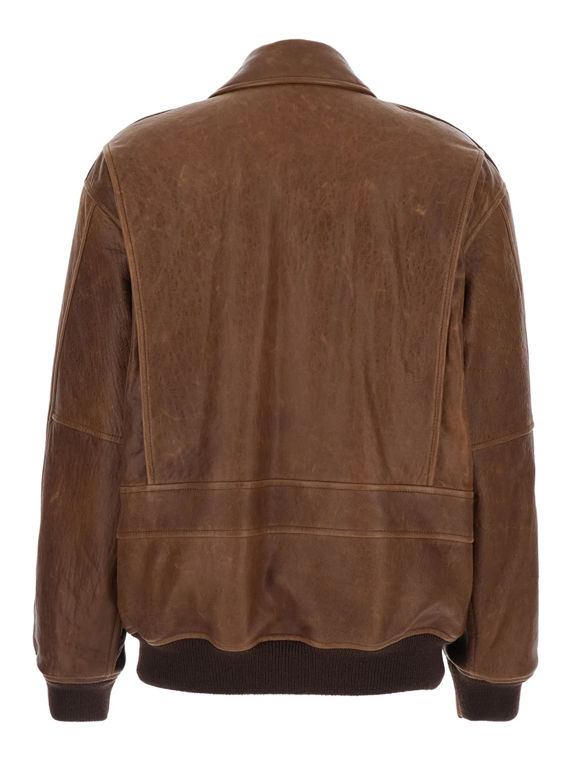 Brown Leather Bomber Jacket  with Classic Collar for Women