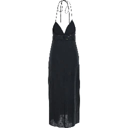 Black Long Dress with V-Neck and Embroidery Details in Linen for Women