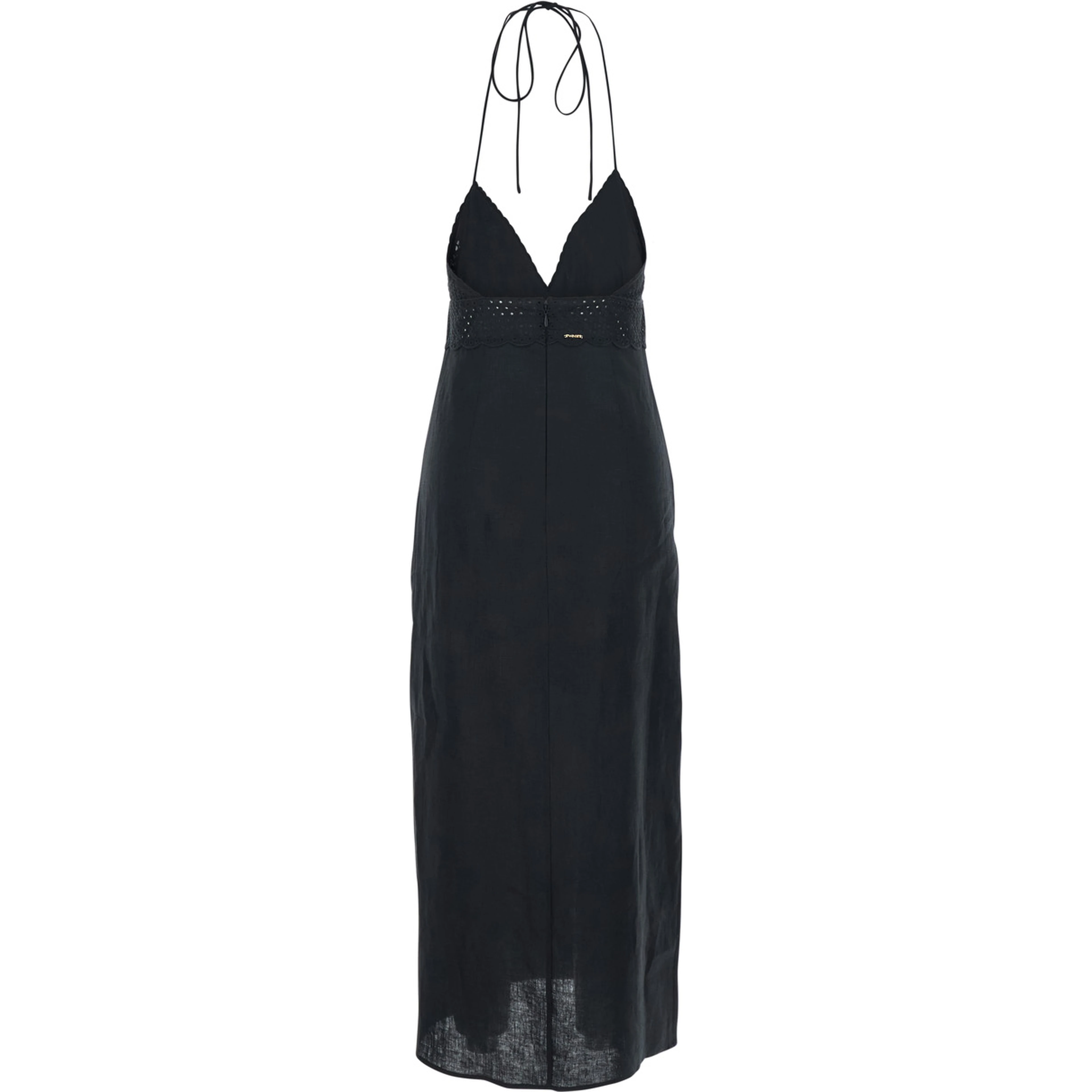 Black Long Dress with V-Neck and Embroidery Details in Linen for Women