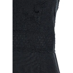 Black Long Dress with V-Neck and Embroidery Details in Linen for Women