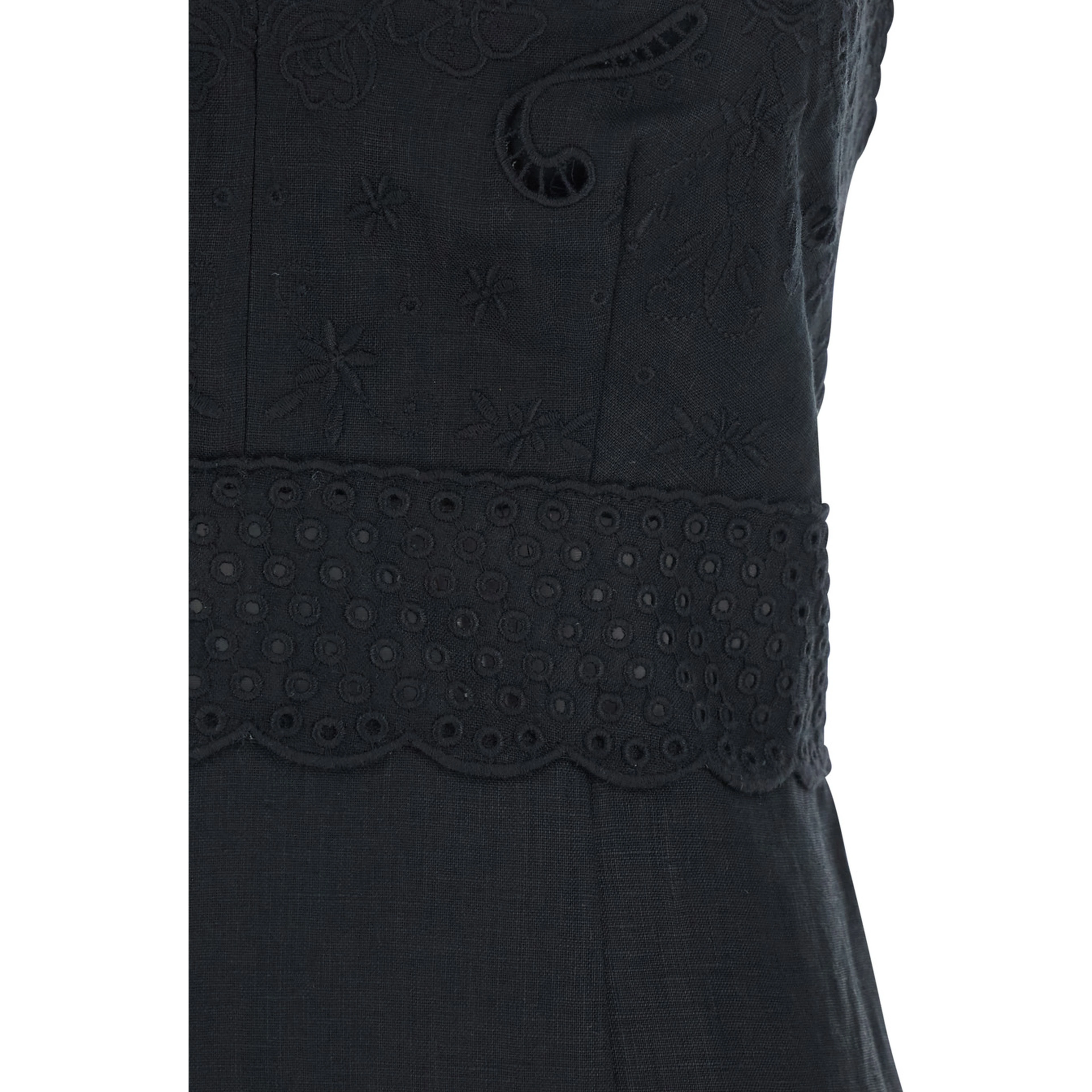 Black Long Dress with V-Neck and Embroidery Details in Linen for Women
