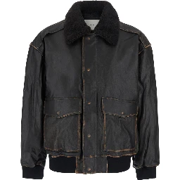UNISEX DETACHABLE A-2 LEATHER BLOUSON with collar and long sleeves in Black Leather Unisex