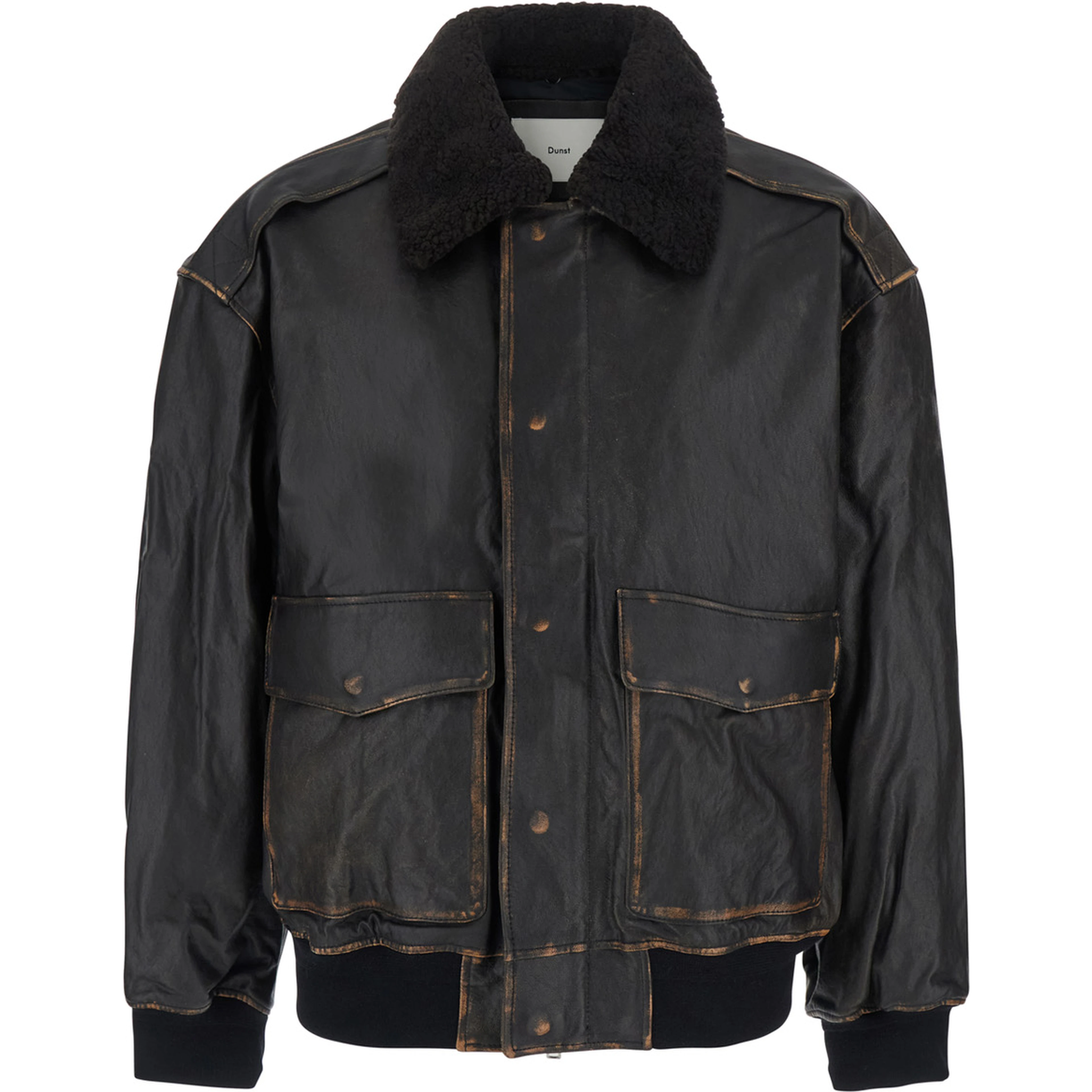 UNISEX DETACHABLE A-2 LEATHER BLOUSON with collar and long sleeves in Black Leather Unisex