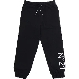 Black Pants with Elastic Waist and Drawstring and Maxi Logo on the Front in Cotton Boy