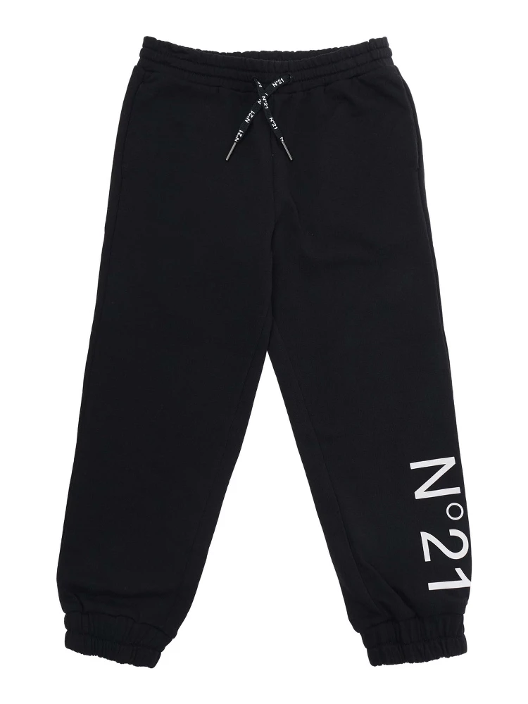 Black Pants with Elastic Waist and Drawstring and Maxi Logo on the Front in Cotton Boy