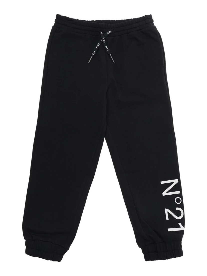 Black Pants with Elastic Waist and Drawstring and Maxi Logo on the Front in Cotton Boy