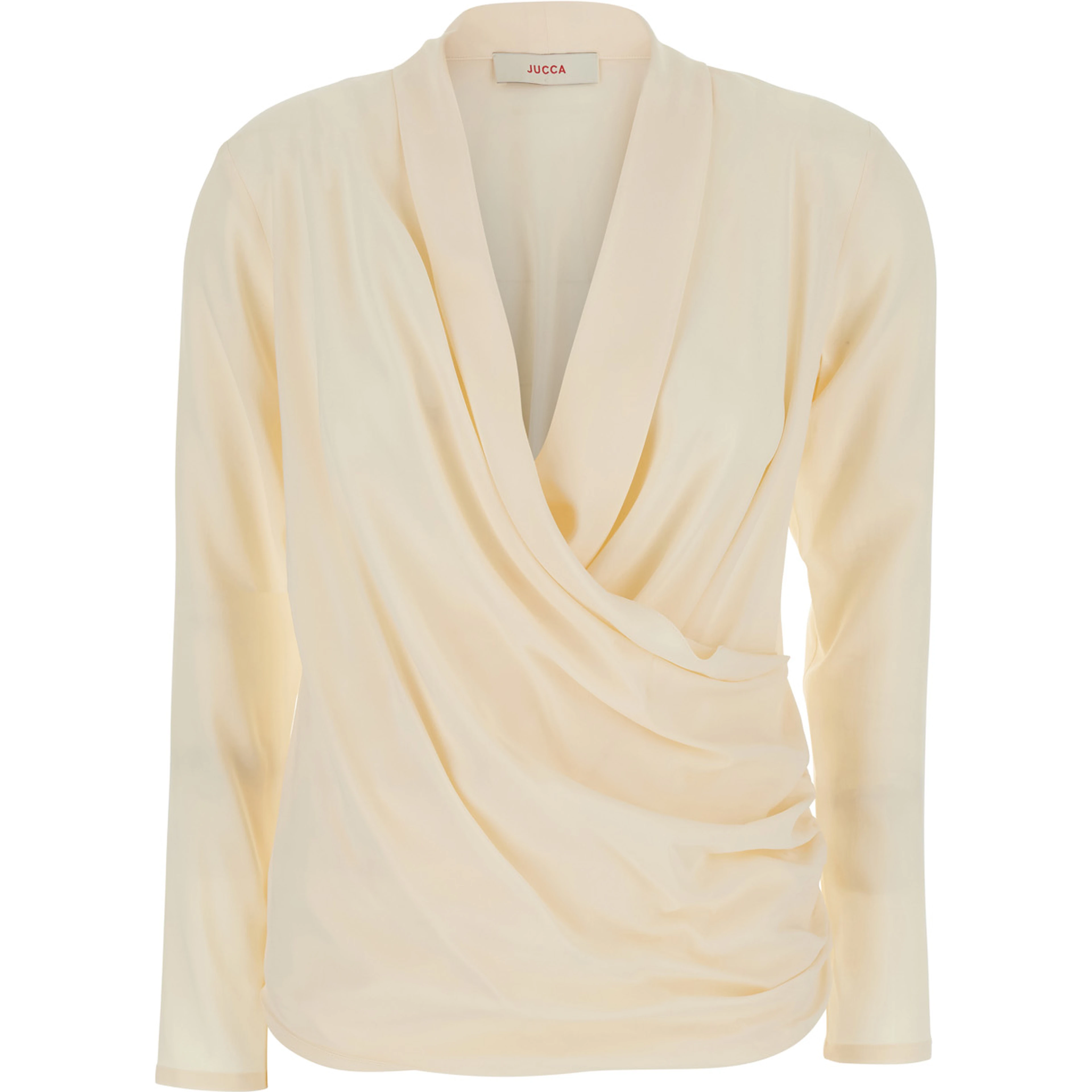 White V-Neck Blouse with Draping on the Front for Women