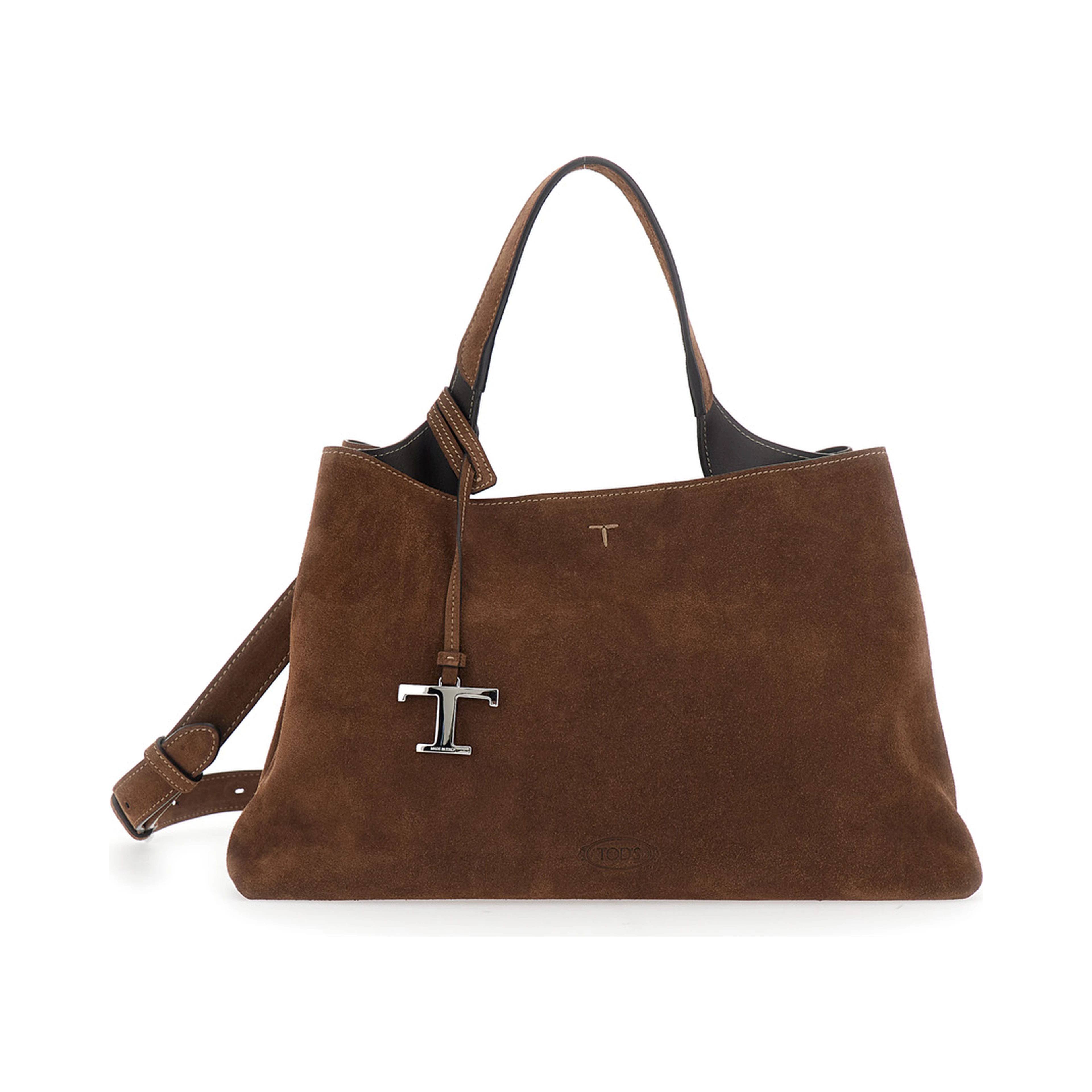 Brown Handbag with Adjustable and Removable Shoulder Strap and T Plaque on the Front in Suede for Women