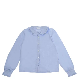 Light blue Shirt with Peter Pan collar and ruffles details on collar and sleeves in cotton Girl