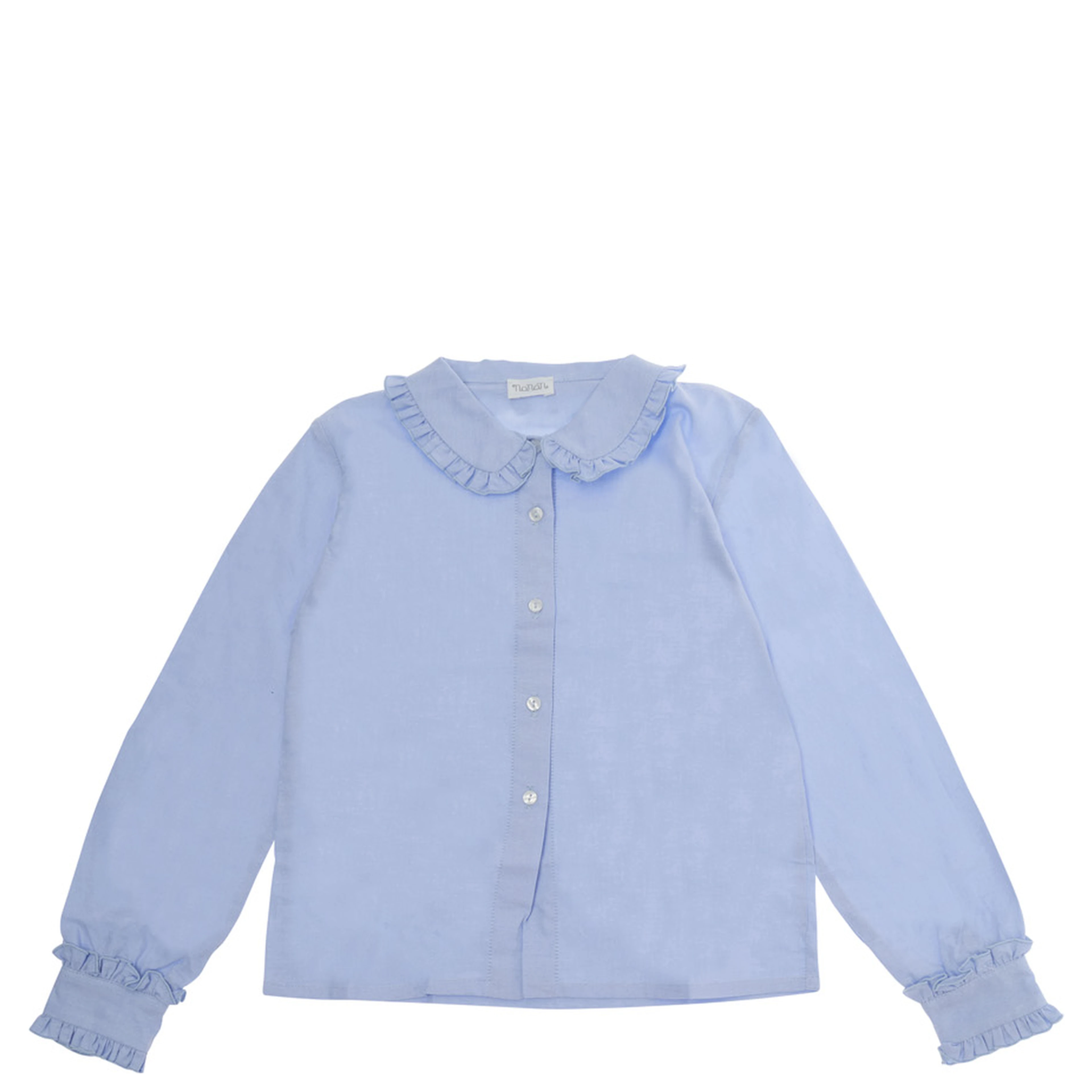 Light blue Shirt with Peter Pan collar and ruffles details on collar and sleeves in cotton Girl