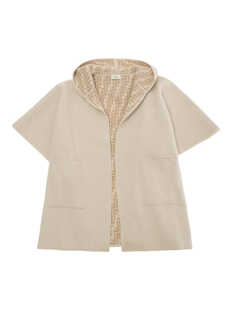 Reversible Cape with Hood and logo lettering in Wool and Cashmere Beige Girl