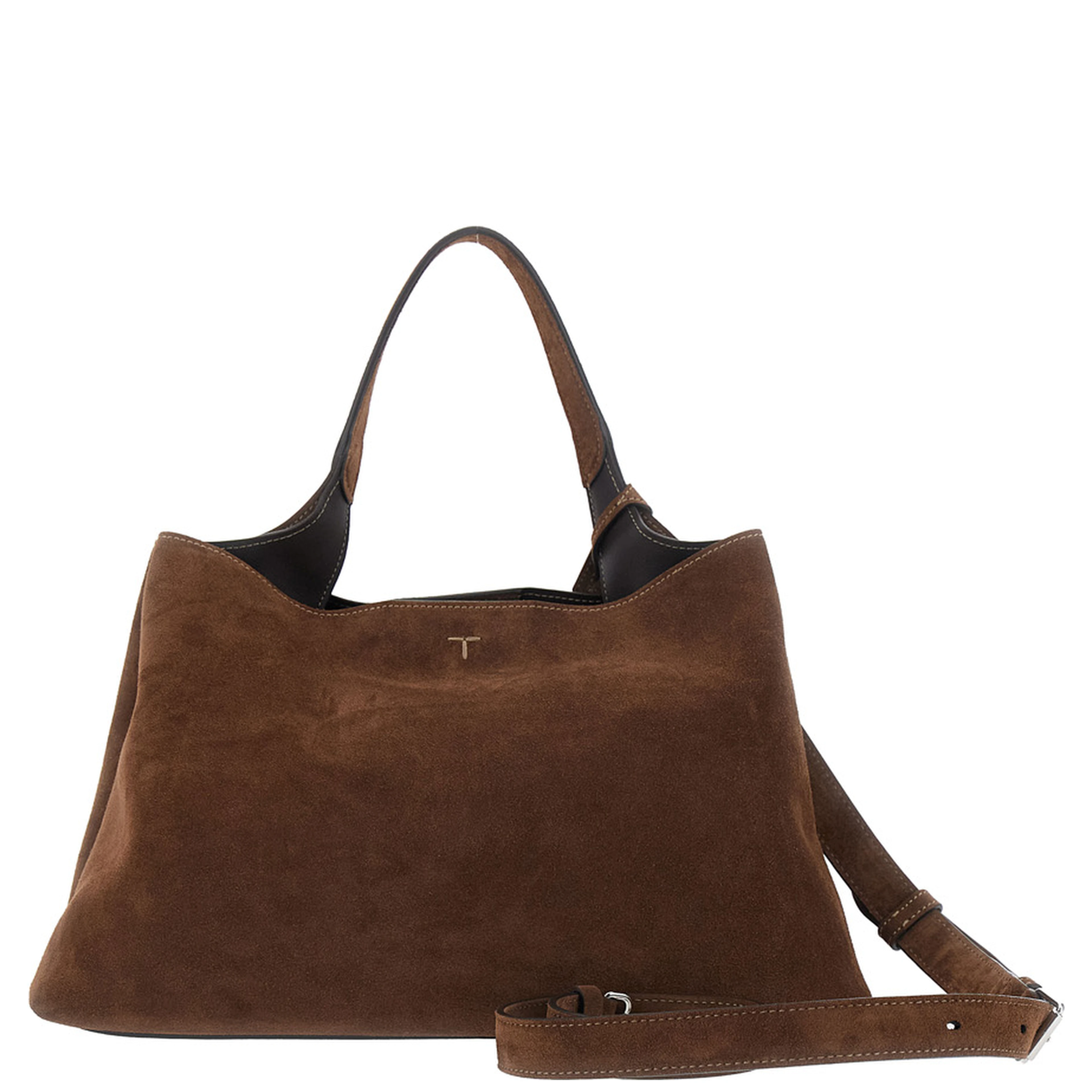 Brown Handbag with Adjustable and Removable Shoulder Strap and T Plaque on the Front in Suede for Women