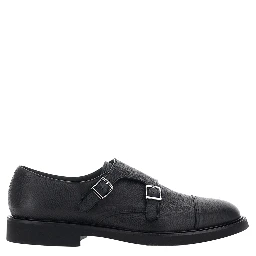black Loafers with double buckle and round toe in hammered leather for men