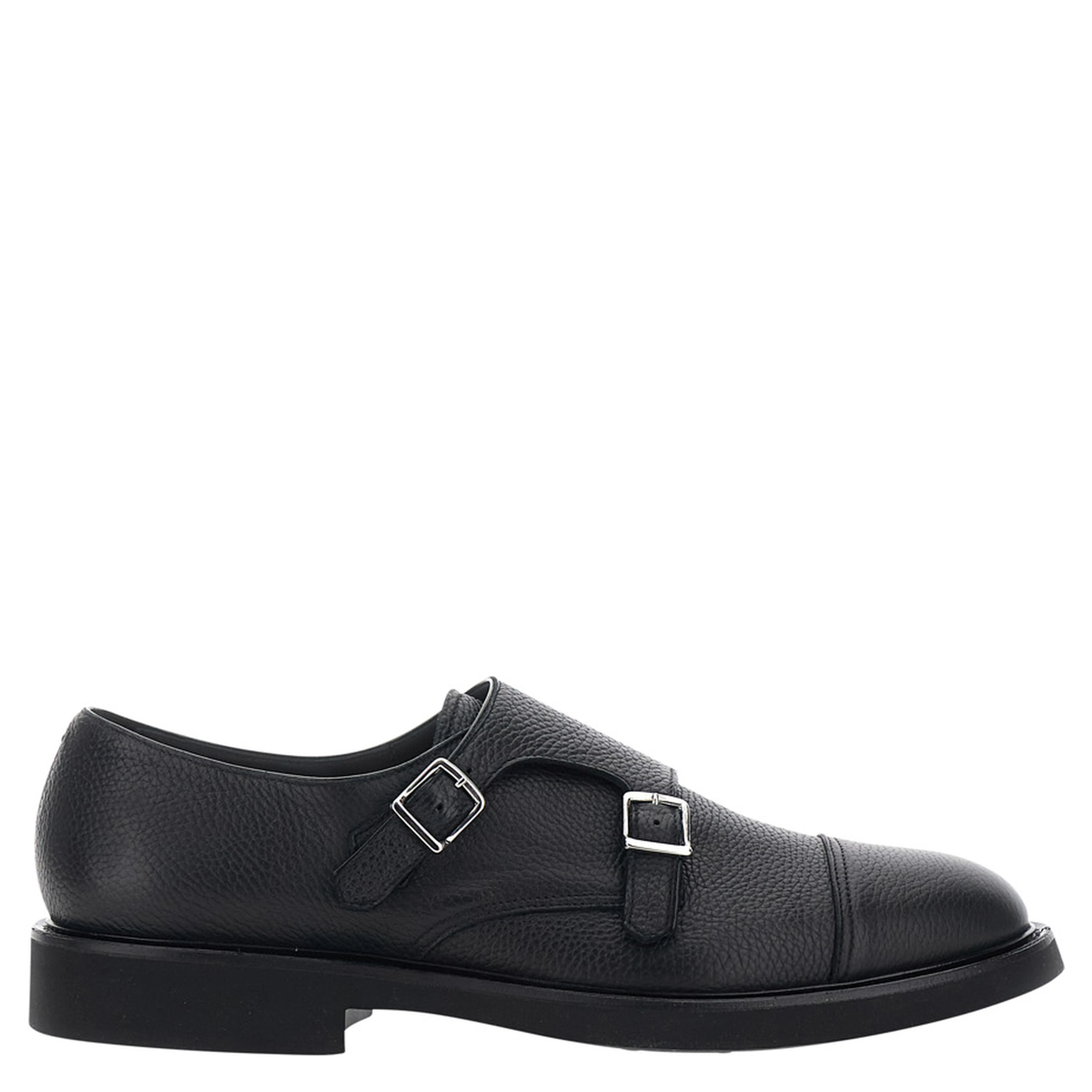 black Loafers with double buckle and round toe in hammered leather for men