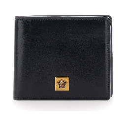 Black bi-fold wallet with logo on the front in leather for men