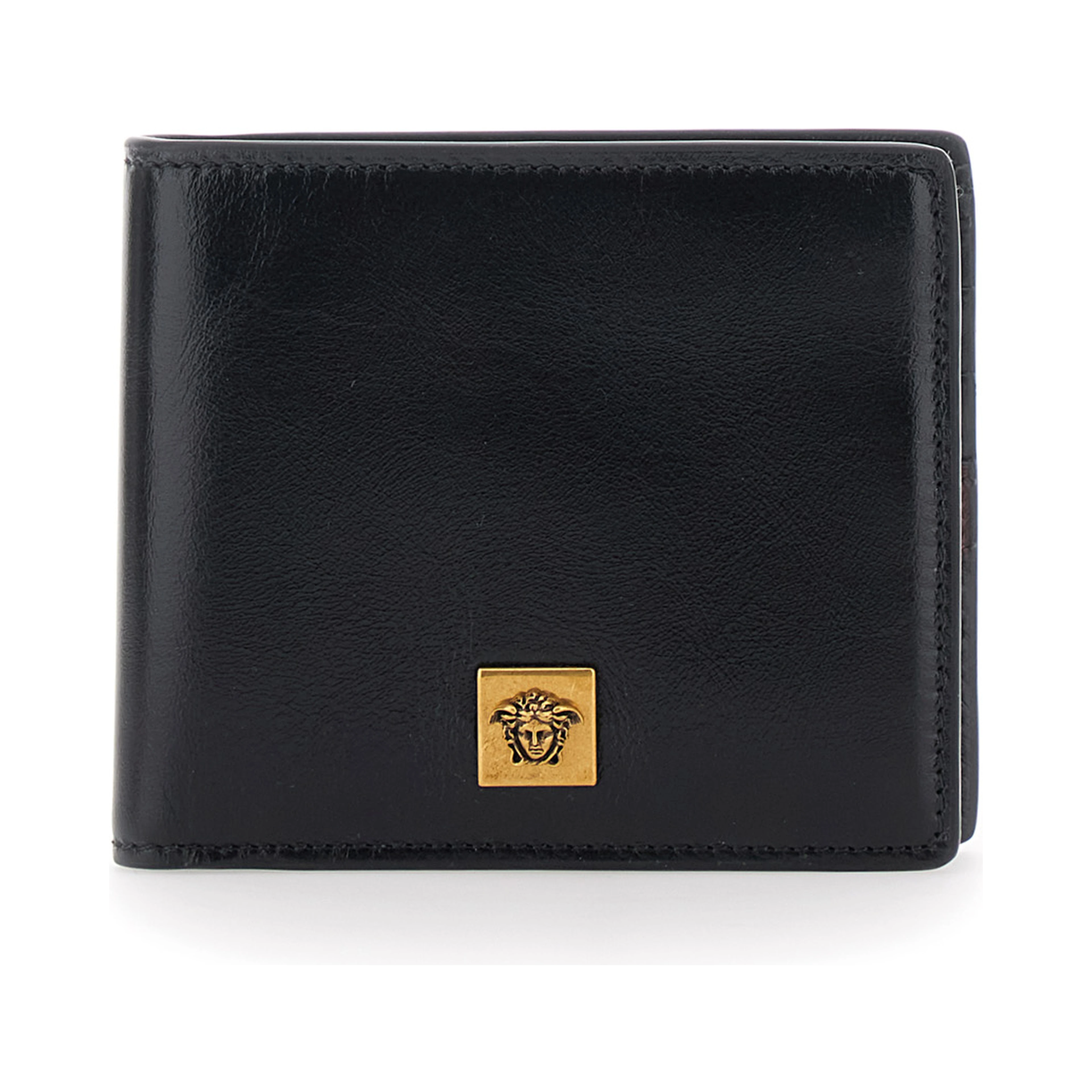 Black bi-fold wallet with logo on the front in leather for men