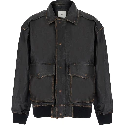 UNISEX DETACHABLE A-2 LEATHER BLOUSON with collar and long sleeves in Black Leather Unisex
