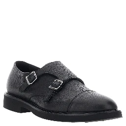 black Loafers with double buckle and round toe in hammered leather for men