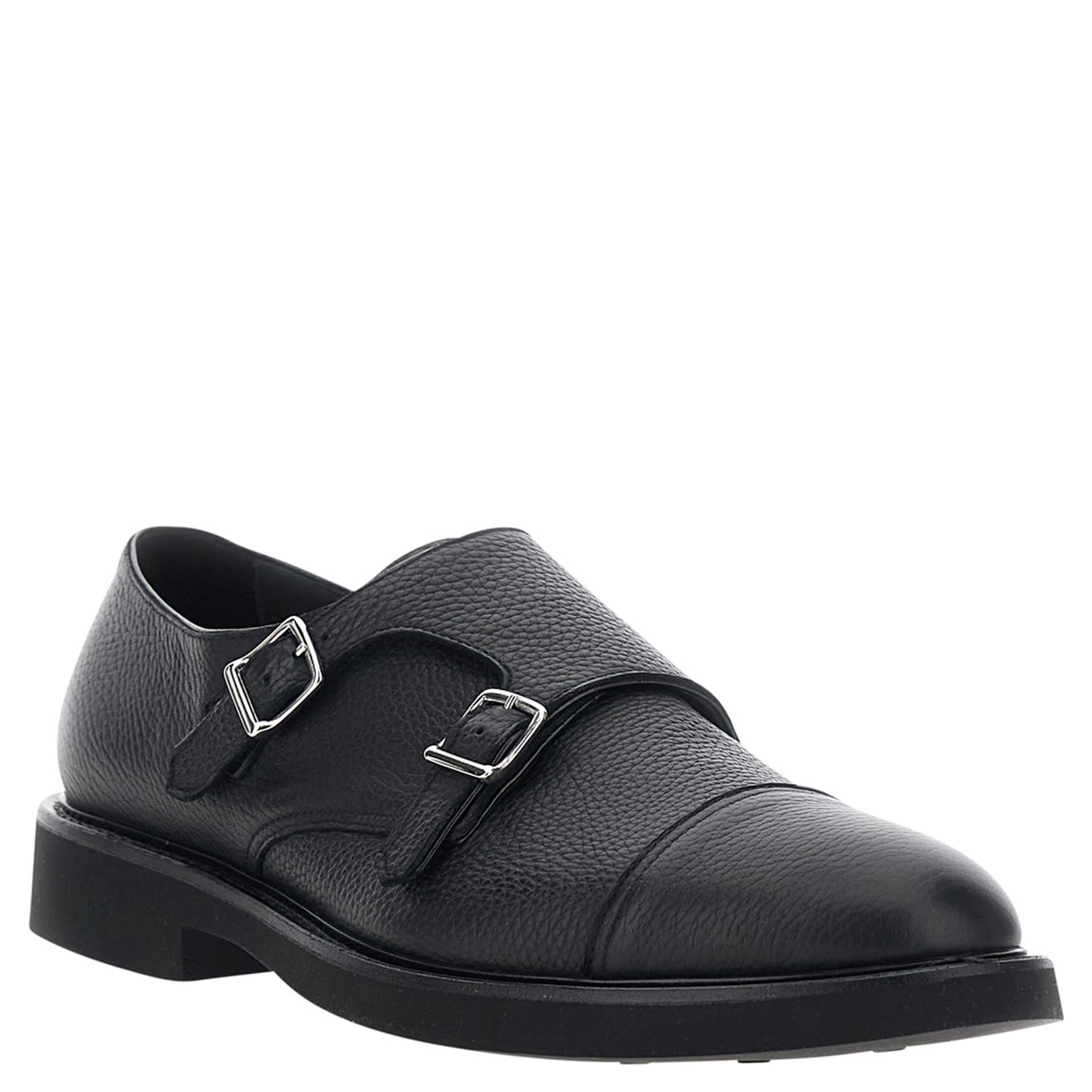 black Loafers with double buckle and round toe in hammered leather for men