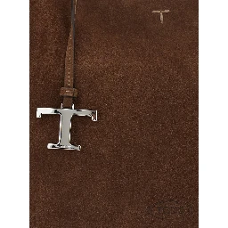 Brown Handbag with Adjustable and Removable Shoulder Strap and T Plaque on the Front in Suede for Women