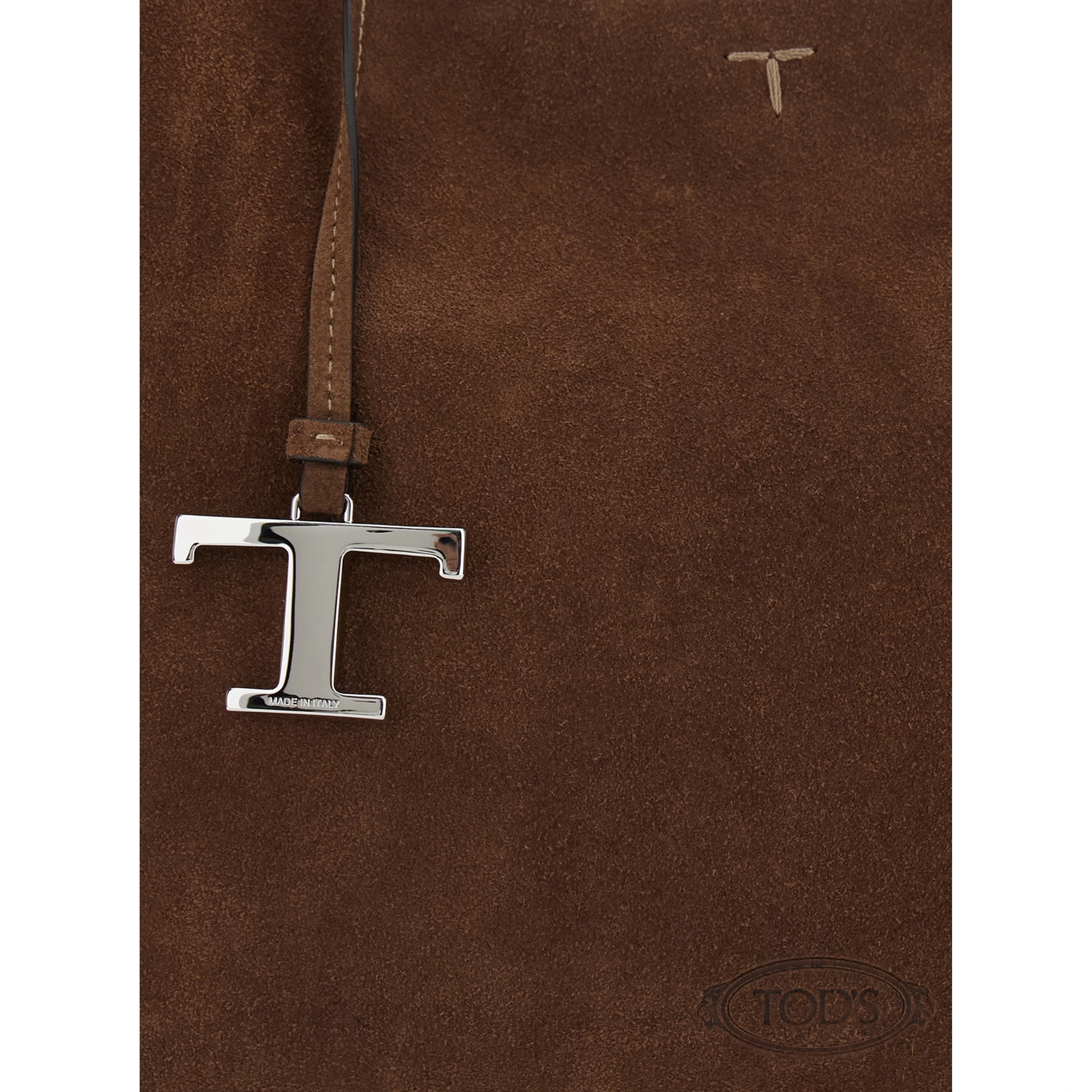 Brown Handbag with Adjustable and Removable Shoulder Strap and T Plaque on the Front in Suede for Women