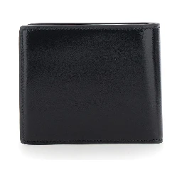 Black bi-fold wallet with logo on the front in leather for men