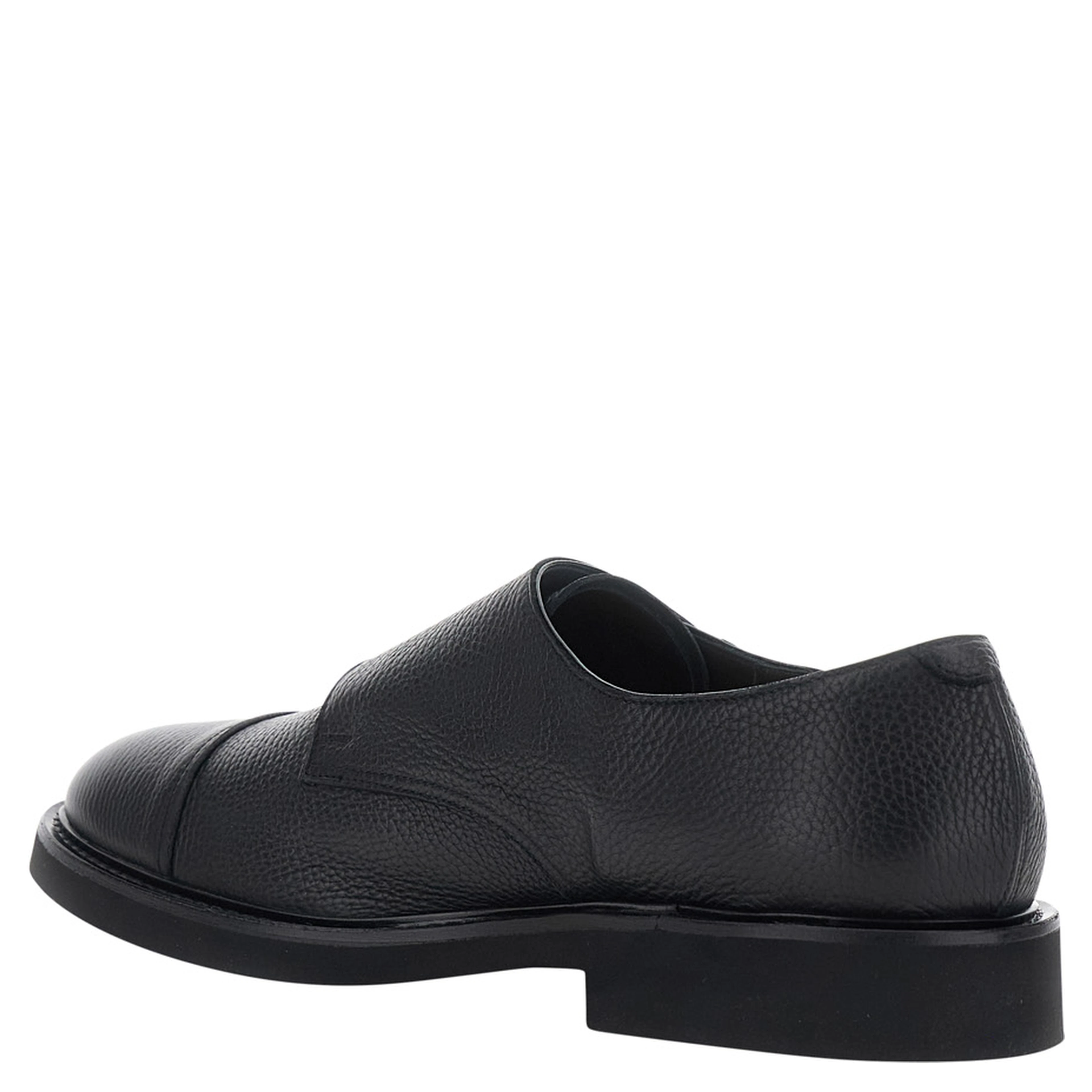 black Loafers with double buckle and round toe in hammered leather for men