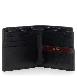 Black bi-fold wallet with logo on the front in leather for men