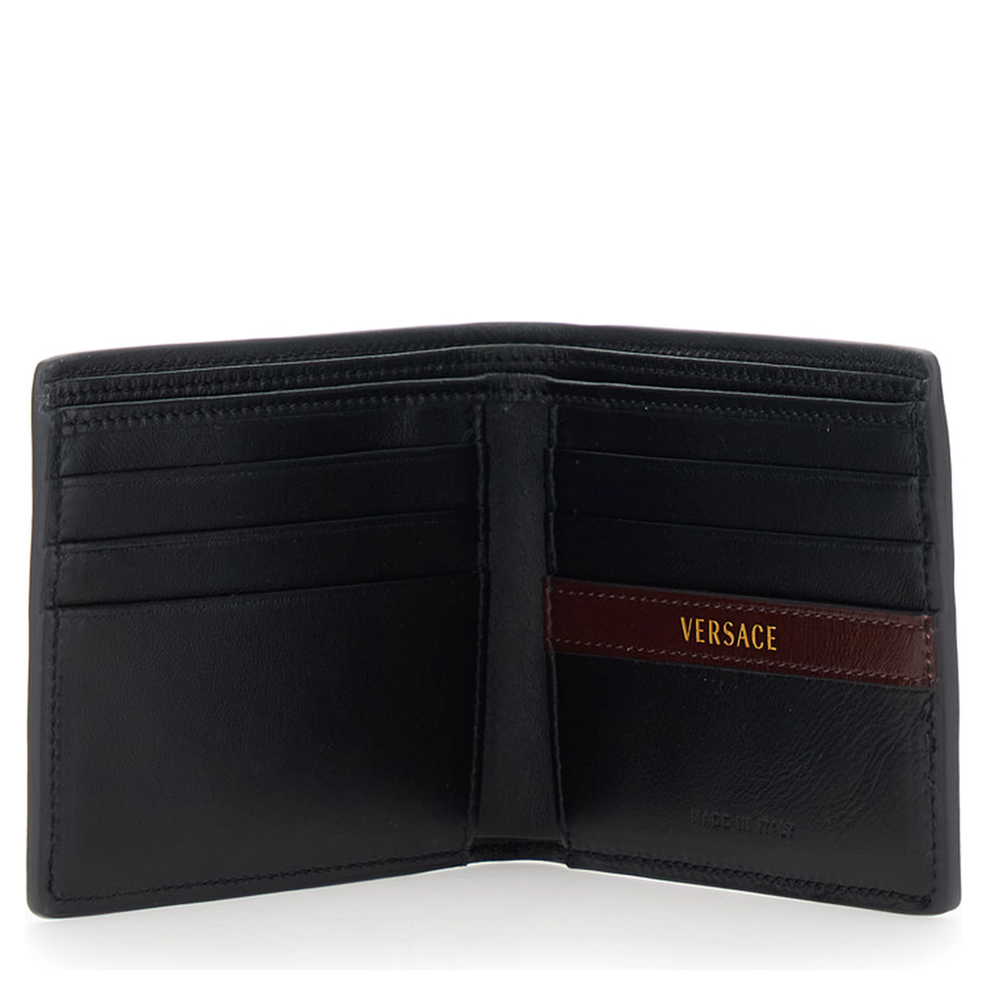 Black bi-fold wallet with logo on the front in leather for men