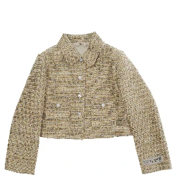 Beige Jacket with wide collar and crystal decoration in tech fabric girl