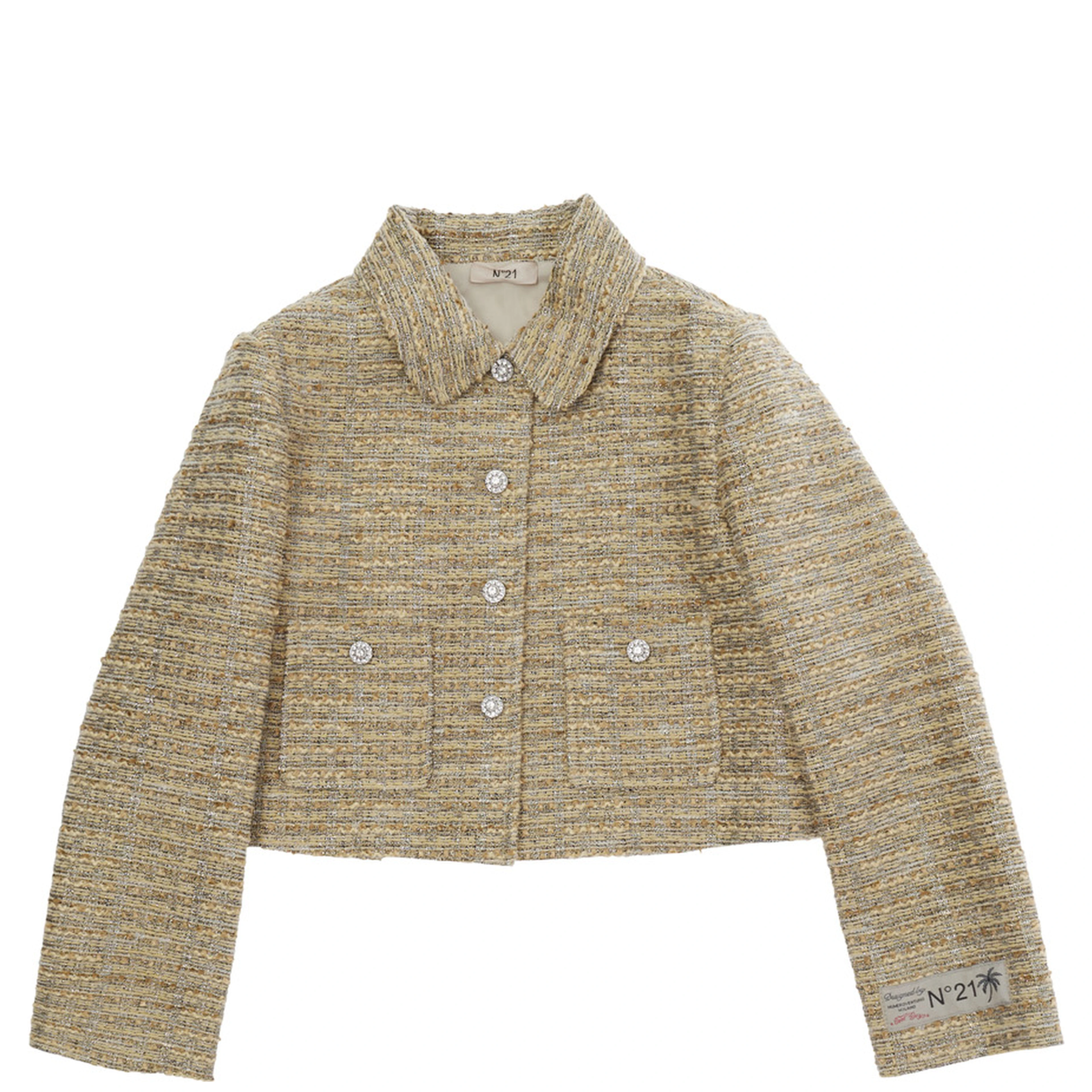Beige Jacket with wide collar and crystal decoration in tech fabric girl