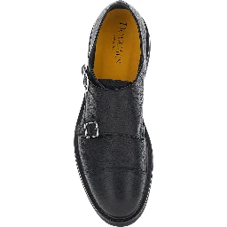black Loafers with double buckle and round toe in hammered leather for men