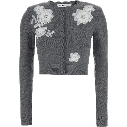 Grey Cardigan with embroidered floral lace details in wool for women
