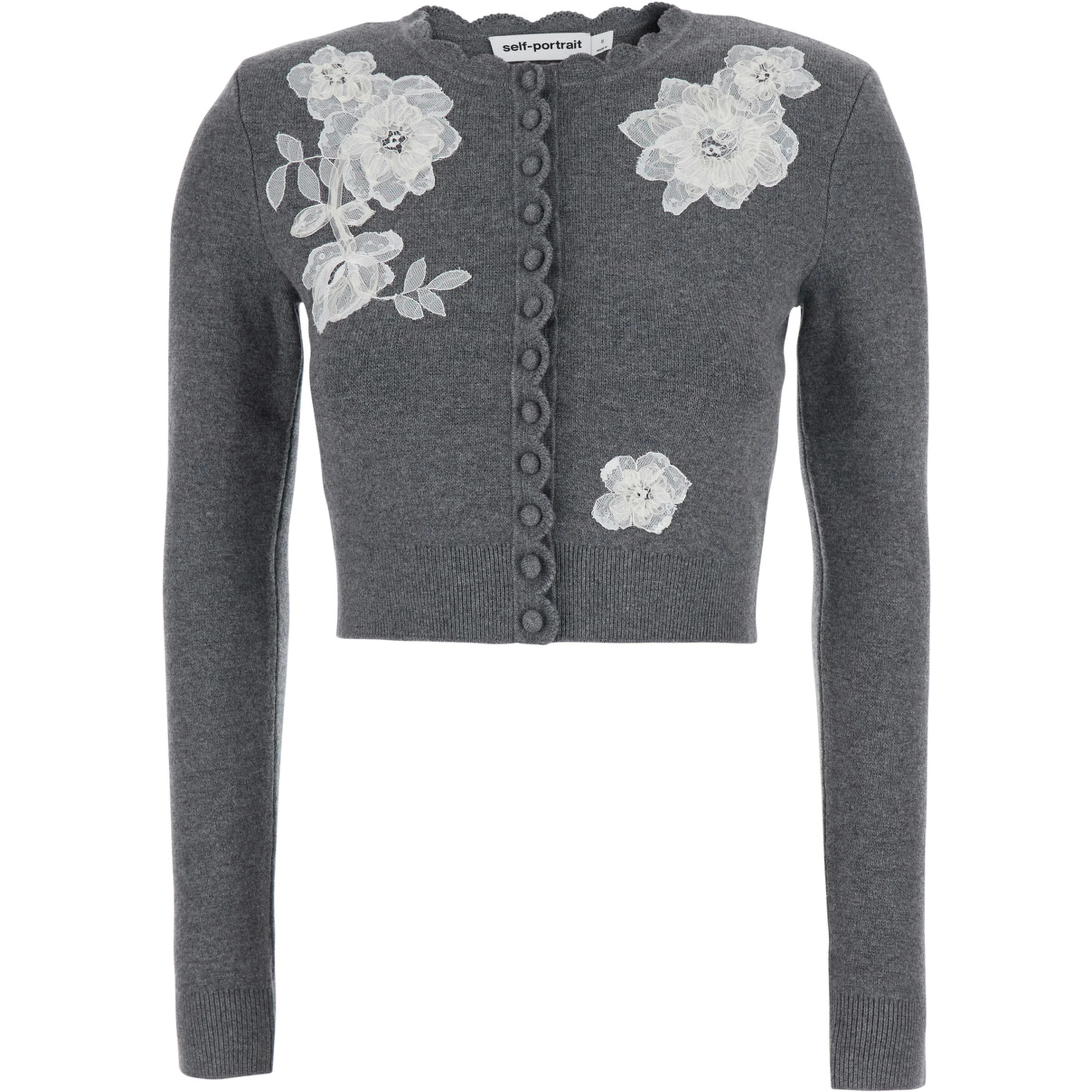 Grey Cardigan with embroidered floral lace details in wool for women