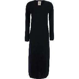 Brenda Black Long Dress with round neck and long sleeves in wool and cashmere for women
