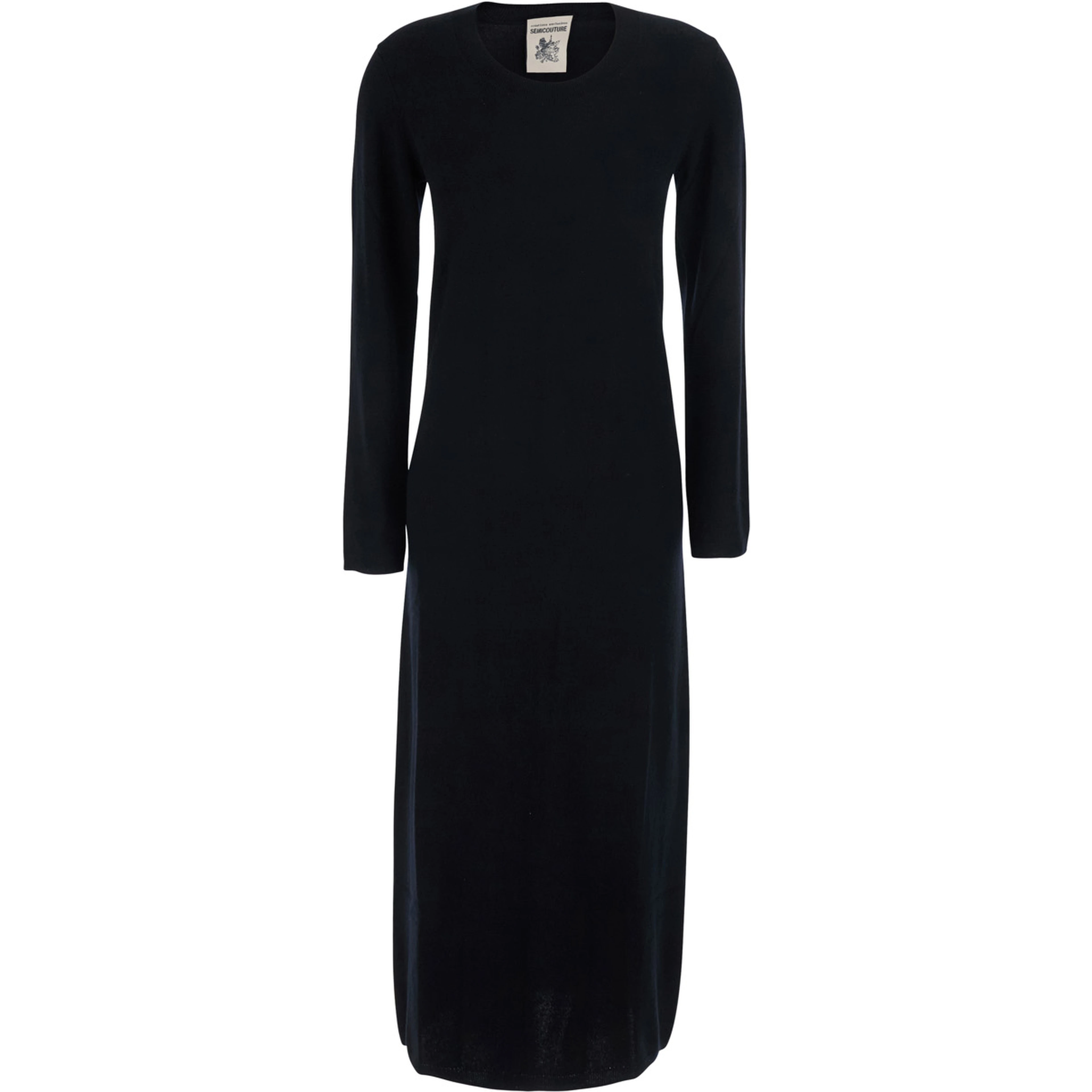 Brenda Black Long Dress with round neck and long sleeves in wool and cashmere for women