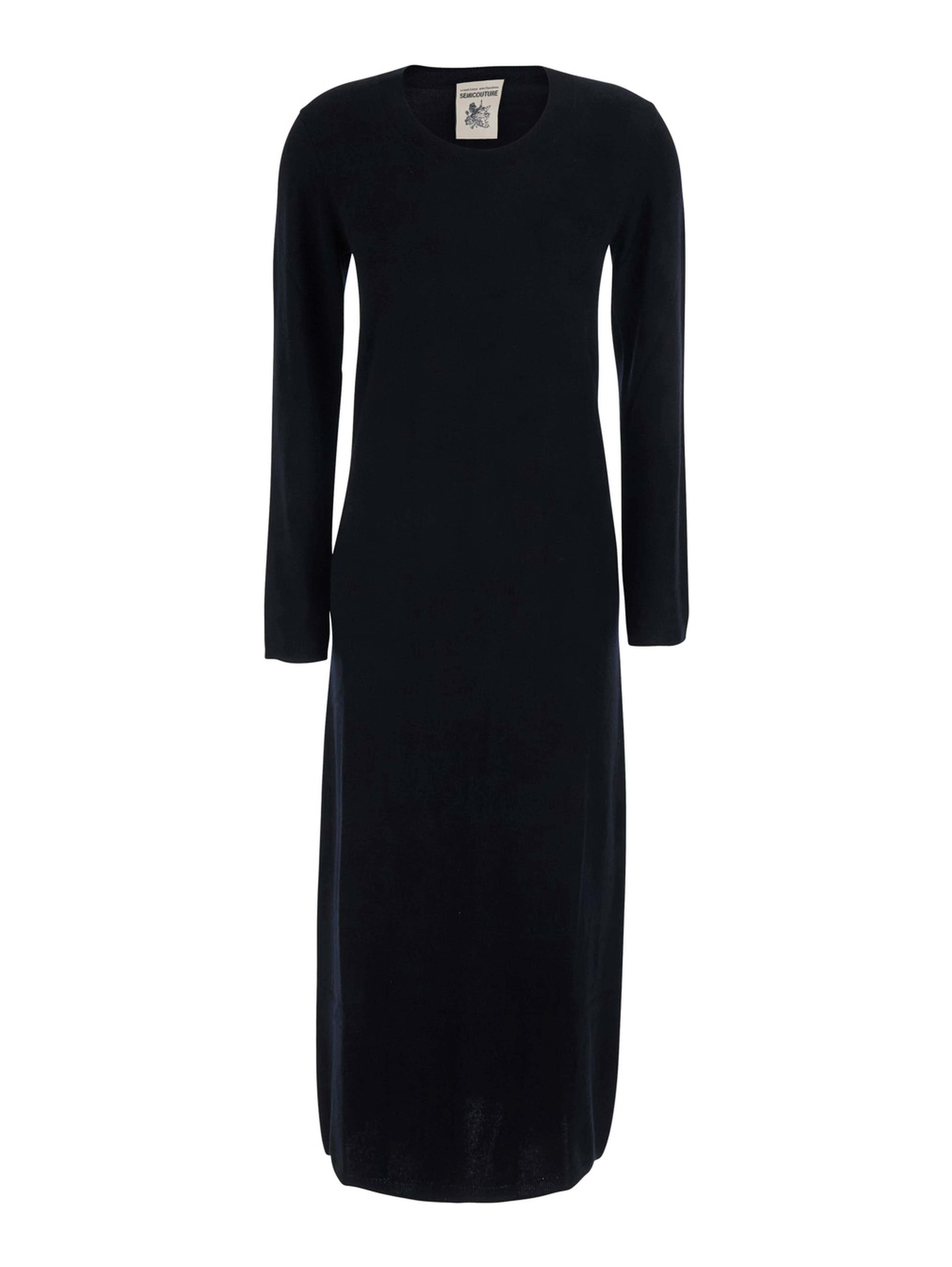 Brenda Black Long Dress with round neck and long sleeves in wool and cashmere for women