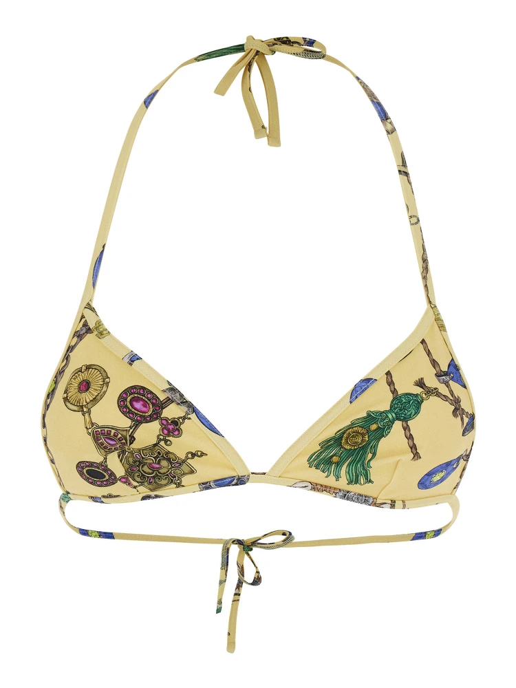Yellow Bikini Top with All-Over Jewelry Print in Stretch Tech Fabric for Women