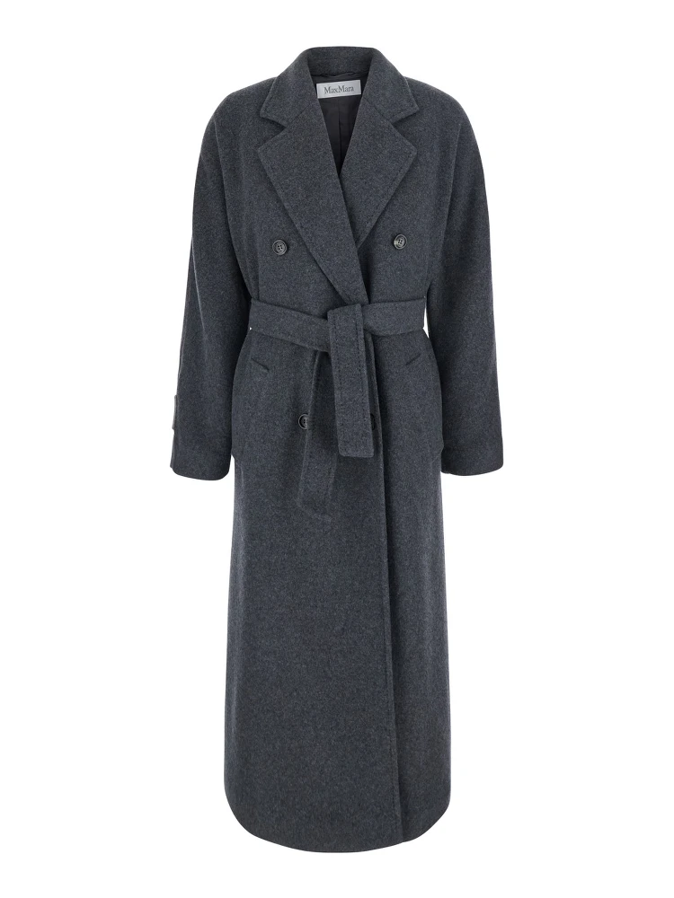 Cadmio Gray Double-breasted coat with Notched revers and front belt in cashmere blend for women