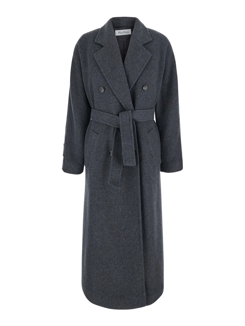 Cadmio Gray Double-breasted coat with Notched revers and front belt in cashmere blend for women